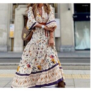 Floral Maxi Dress: Breathable, Casual Loose V-Neck, Lantern Sleeve, belt Sz med